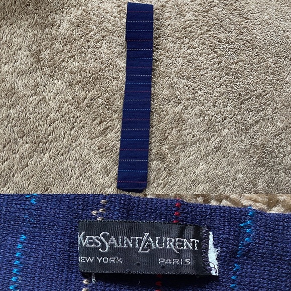 VTG 70’s YSL Yves Saint Laurent Wool Square Neck Tie Navy Blue Stripes